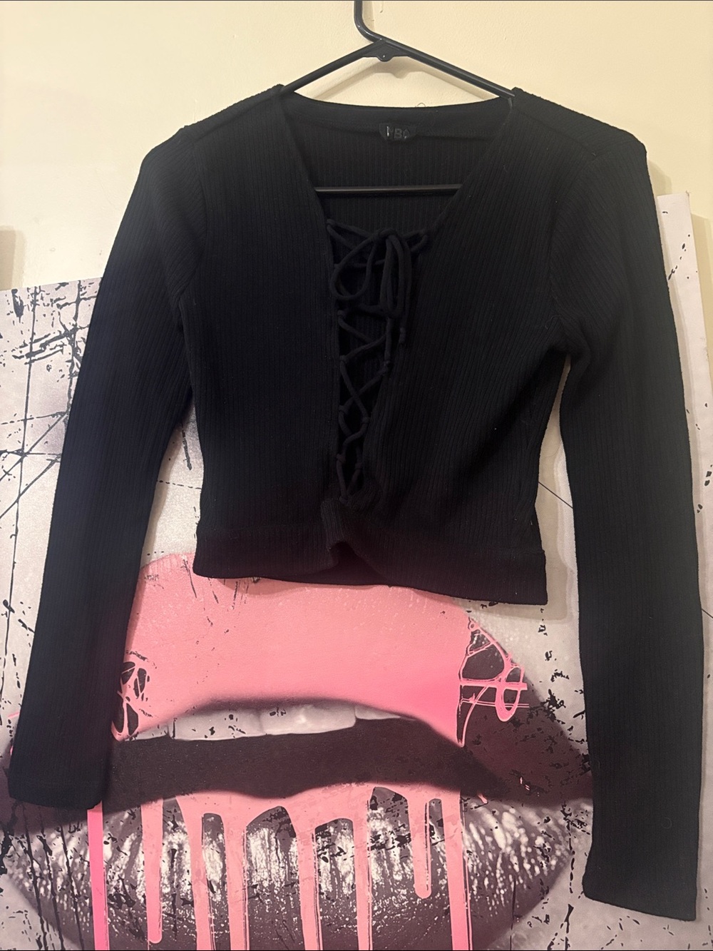 NBD Black Ribbed Long-Sleeve Lace-Up Crop Top
